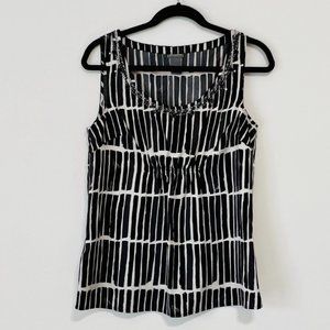 Ann Taylor Black and White Sleeveless Blouse, Black & Silver Beaded Collar Sz 8